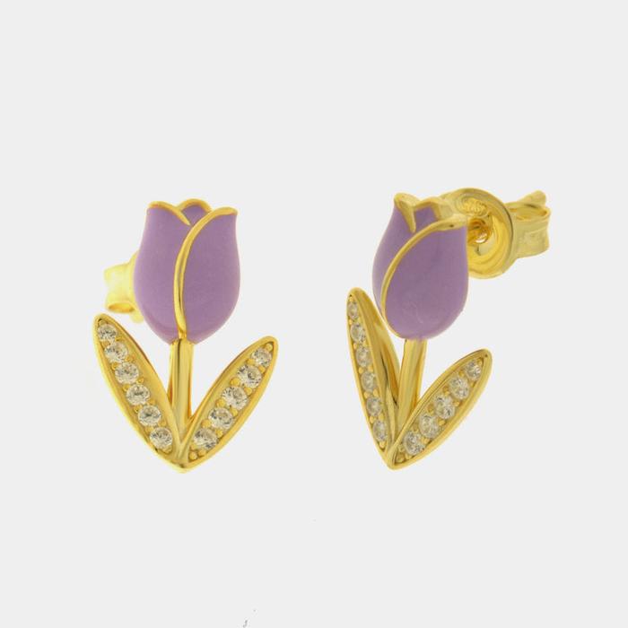 Orecchini in Argento 925 tulipano lilla e foglie zirconate