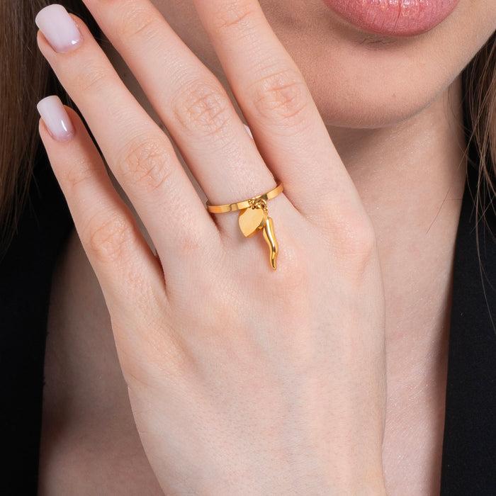 ANELLO DONNA IN ACCIAIO IP GOLD CON CORNO E CUORE