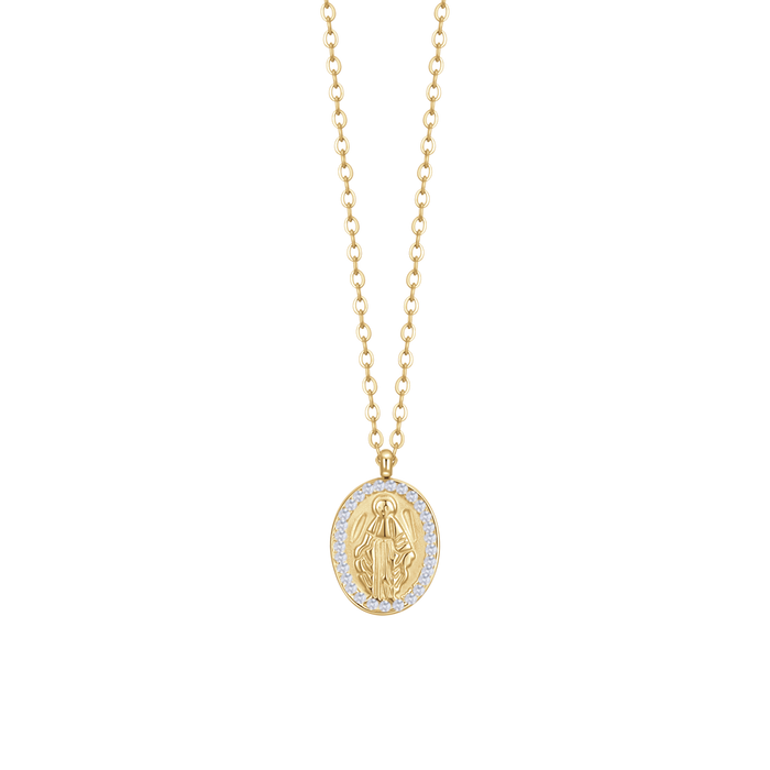 COLLANA DONNA IN ACCIAIO IP GOLD, MADONNINA MIRACOLOSA E ZIRCONI BIANCHI