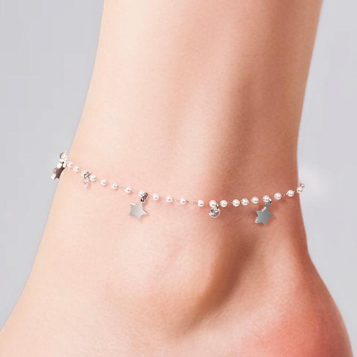 WOMEN'S STEEL ANKLET WITH PEARLS AND STARS