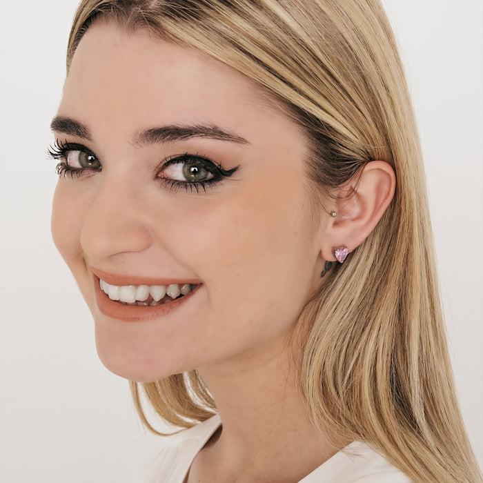 BOUCLES D'OREILLES FEMME EN ACIER AVEC ZIRCON ROSE