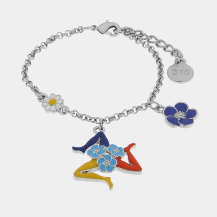 Bracelet en métal avec Trinacria et fleurs