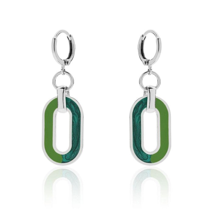 Boucles d'oreilles en bronze plaqué argent avec émail vert