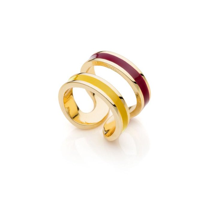 Anello dorato con smalto rosso e giallo