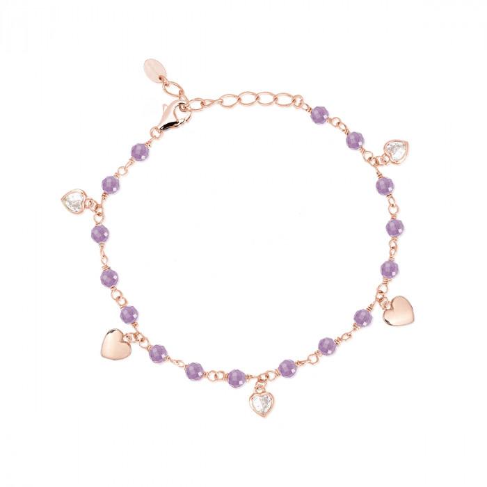 Bracciale rosè ametiste pendenti cuori zircone - steampuhousenkstore.com