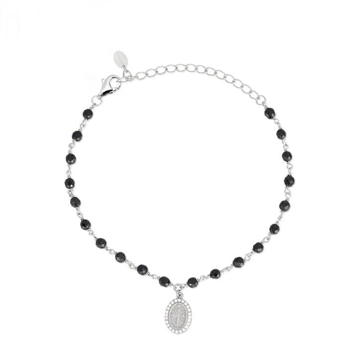 Bracciale rosario pallini neri pendente piastra crocre - steampuhousenkstore.com