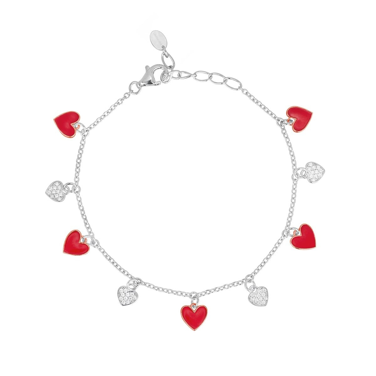 Bracciale bicolore pendenti cuori rossi e cuori zirconi - steampuhousenkstore.com