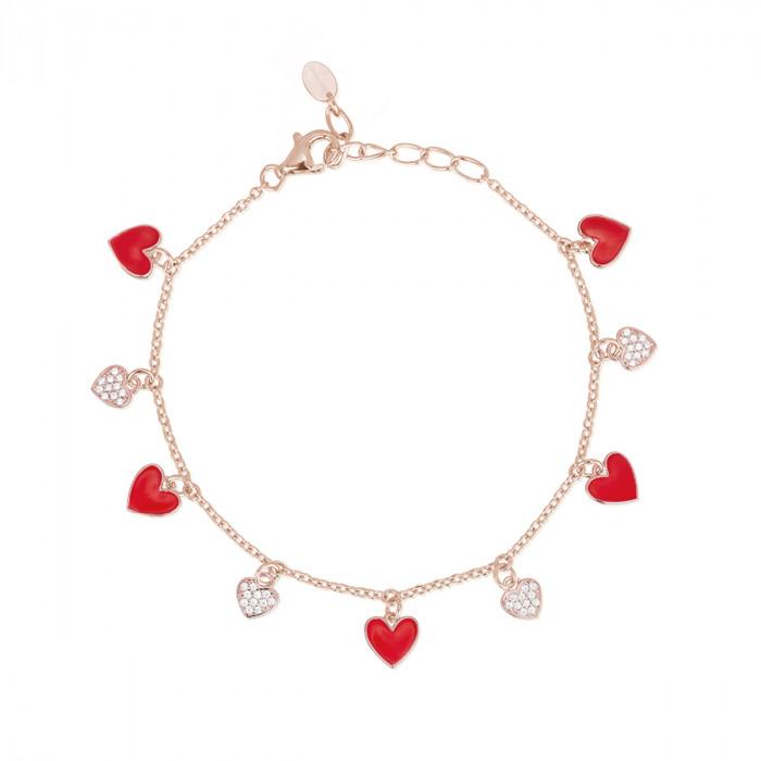 Bracciale rosè pendenti cuori rossi e cuori zirconi - steampuhousenkstore.com