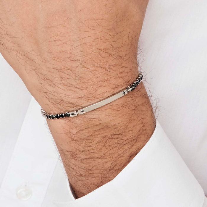 BRACELET HOMME EN ACIER AVEC PLAQUE ET CRISTAUX NOIRS