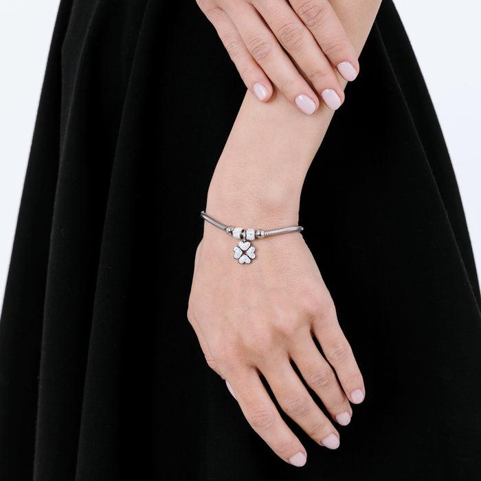 BRACCIALE DONNA IN ACCIAIO CON QUADRIFOGLIO E CRISTALLI BIANCHI
