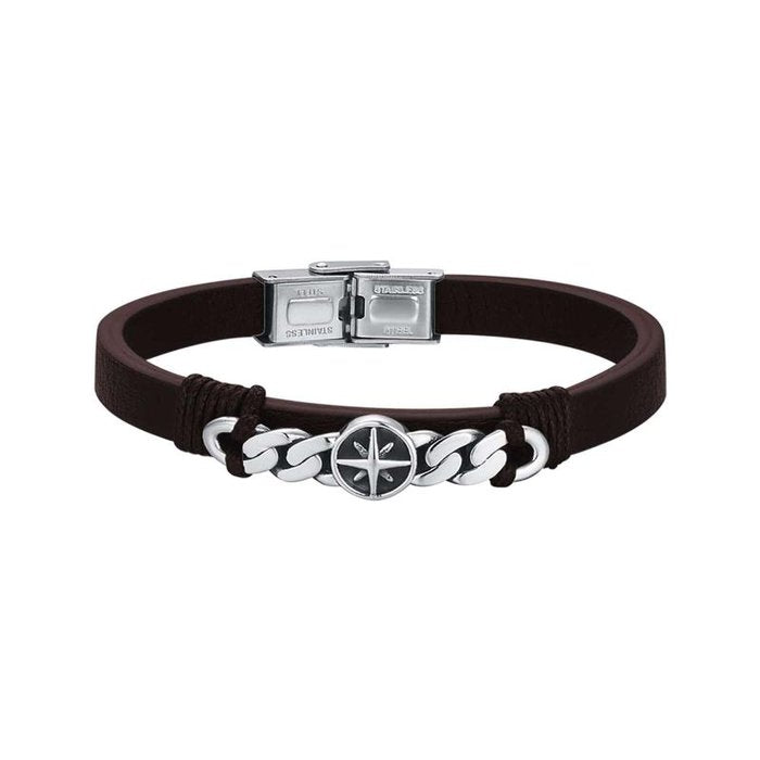 Bracelet en acier et cuir marron avec rose des vents