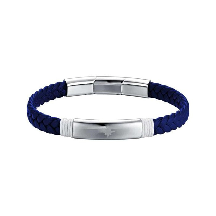 Bracelet en similicuir bleu et cordon blanc avec rose des vents