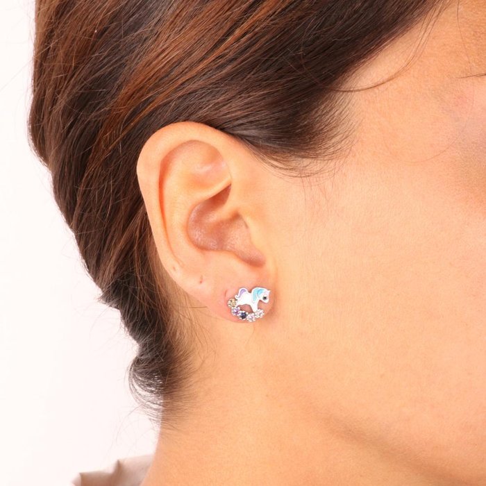 Boucles d'oreilles licorne en argent 925 ornées de cristaux colorés en forme de fleur