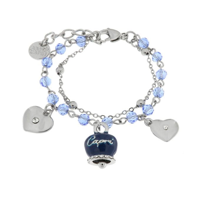 Bracciale in Metallo con campana smaltata blu e cuoricini pendenti