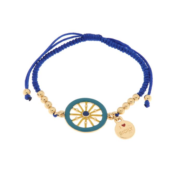 Bracelet en métal avec roue de chariot et cordon bleu