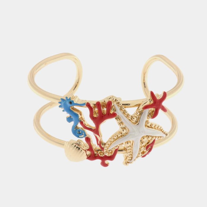 Bracelet en métal avec étoile de mer, coquillage, corail et hippocampe