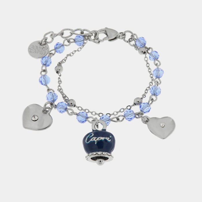 Bracelet en métal avec cloche en émail bleu et coeurs suspendus