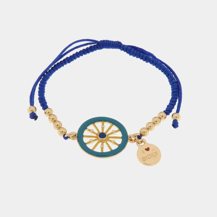 Bracelet en métal avec roue de chariot et cordon bleu