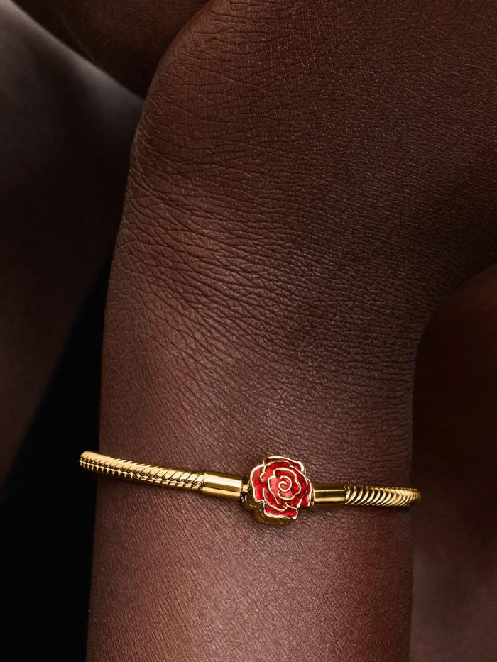 Disney, La Bella e la Bestia, Bracciale Con Chiusura Rosa Incantata Vetro di Murano