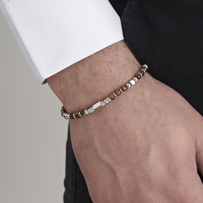BRACELET HOMME EN ACIER AVEC PIERRES ŒIL DE TIGRE MARRON