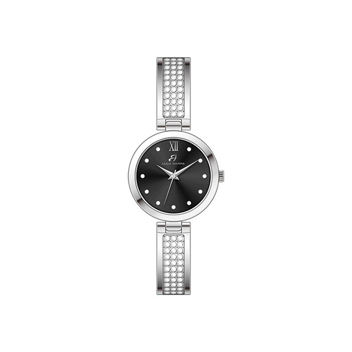 MONTRE FEMME EN ACIER AVEC CRISTAUX ET CADRAN NOIR