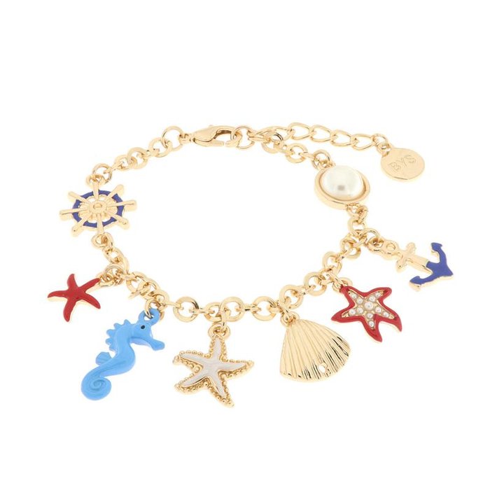 Bracelet en métal avec étoile de mer, coquillages, ancre et gouvernail