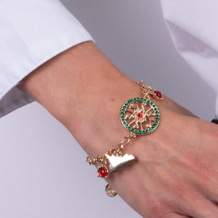 Bracelet en métal avec roue et Sicile avec cristaux verts et rouges