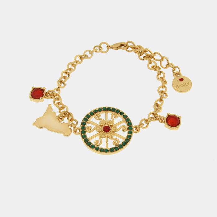Bracelet en métal avec roue et Sicile avec cristaux verts et rouges