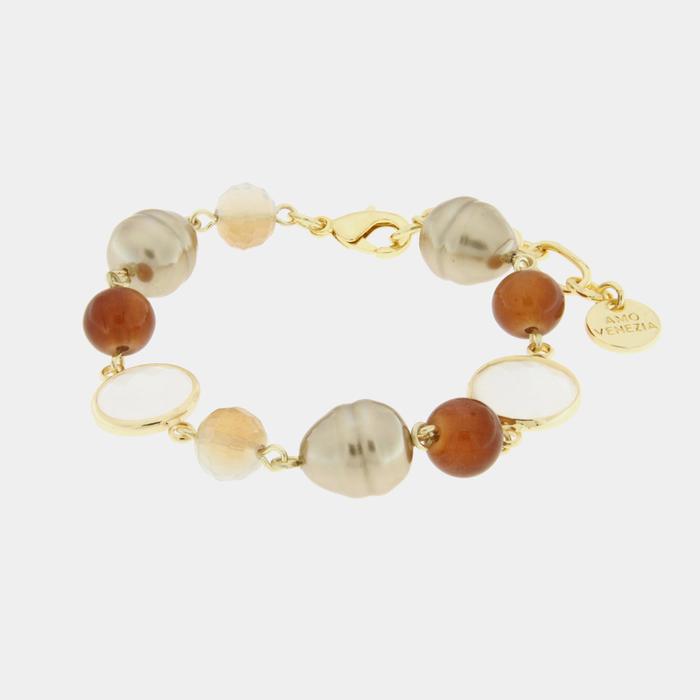 Bracelet en métal avec cristaux et perles marron