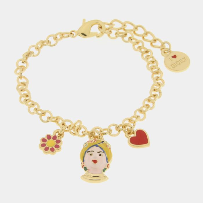 Bracciale in Metallo con testa di Moro gialla  fiore  e cuore