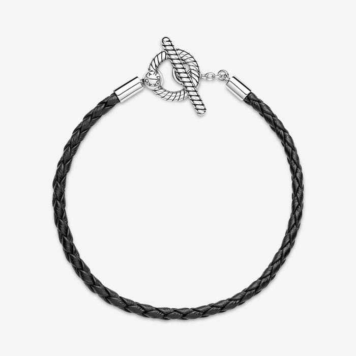 Bracelet en cuir noir avec fermoir en T