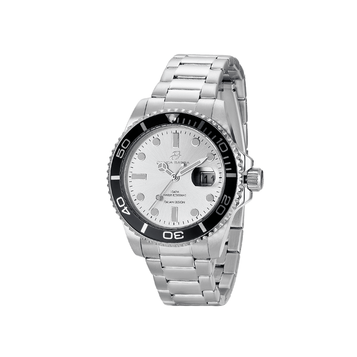 MONTRE HOMME AVEC BOÎTIER EN ACIER CADRAN ARGENT LUNETTE NOIRE ET BLEUE