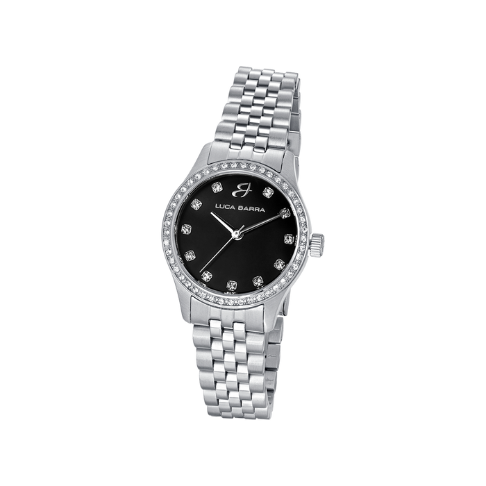 MONTRE FEMME EN ACIER AVEC CADRAN NOIR ET LUNETTE EN CRISTAL BLANC