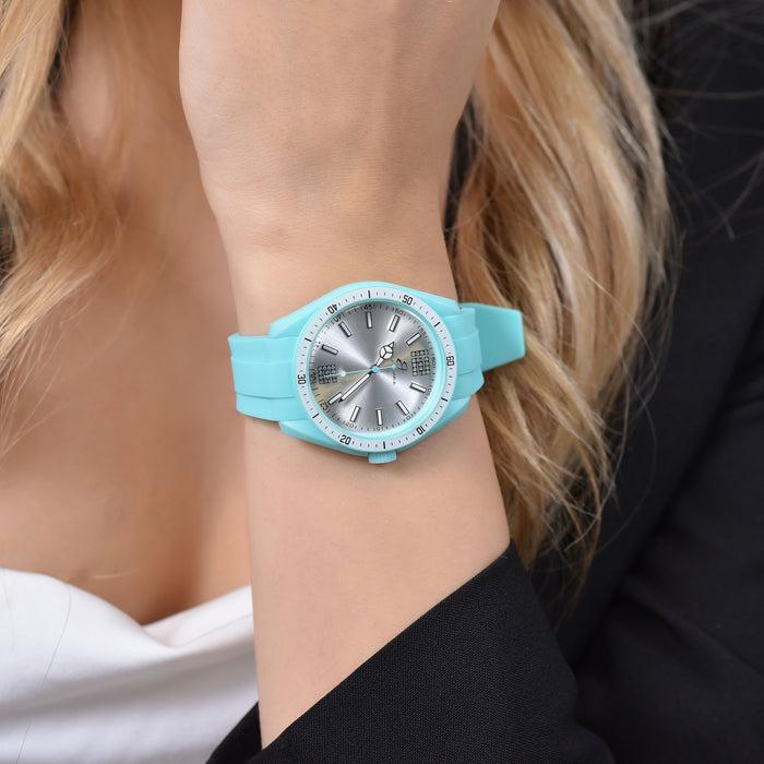 MONTRE FEMME AIGUE-MARINE ET SILICONE BLANC