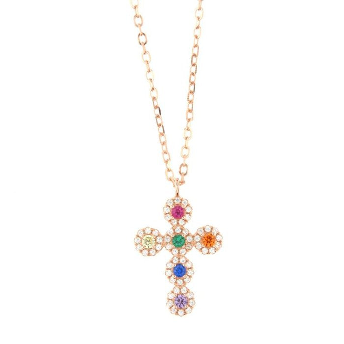 Collier en argent 925 avec croix sertie de zircons blancs et multicolores