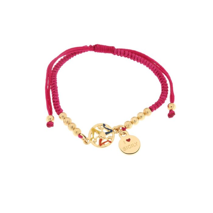 Bracelet en métal avec cordon fuchsia et Trinacria