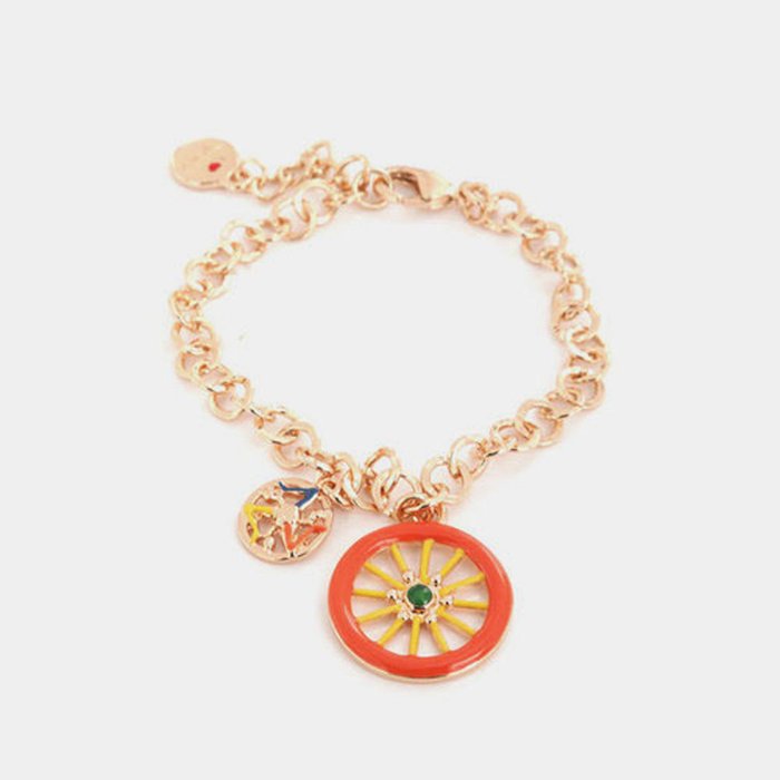 Bracelet en métal à maille rolo, avec pendentif roue de charrette sicilienne orné d'émaux colorés