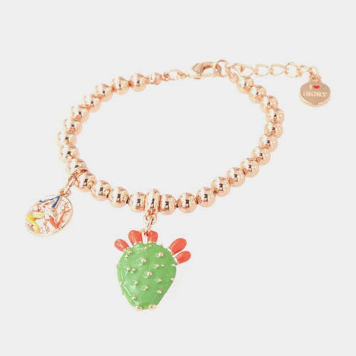 Bracelet en métal à maille sphérique, avec pendentif en forme de figue de barbarie, orné d'émail vert et de pointes en émail rouge