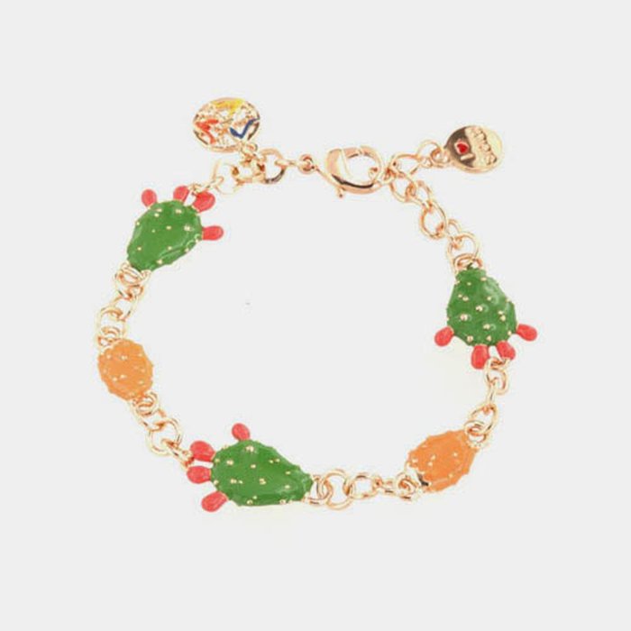 Bracelet en maille métallique rolo, avec trio de figues de Barbarie ornées d'émaux colorés