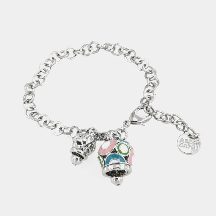 Bracelet en métal avec clochette colorée et petite clochette avec coeurs