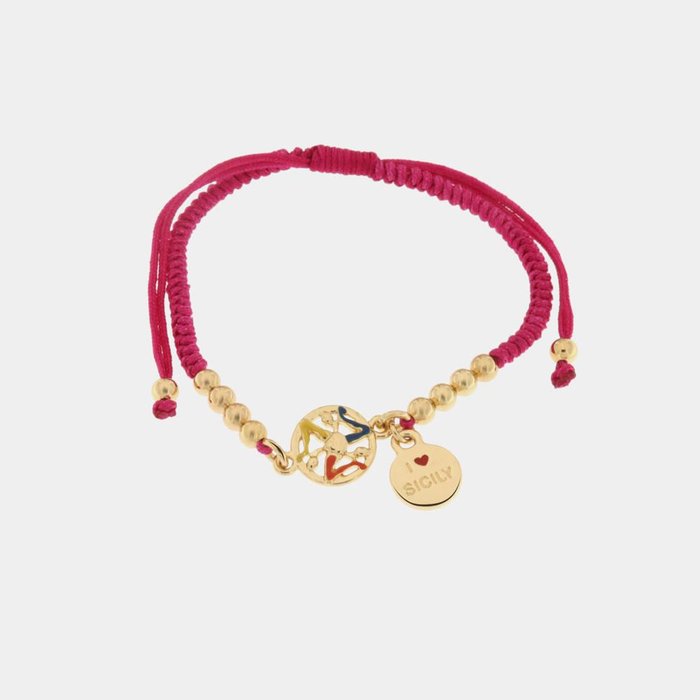 Bracelet en métal avec cordon fuchsia et Trinacria